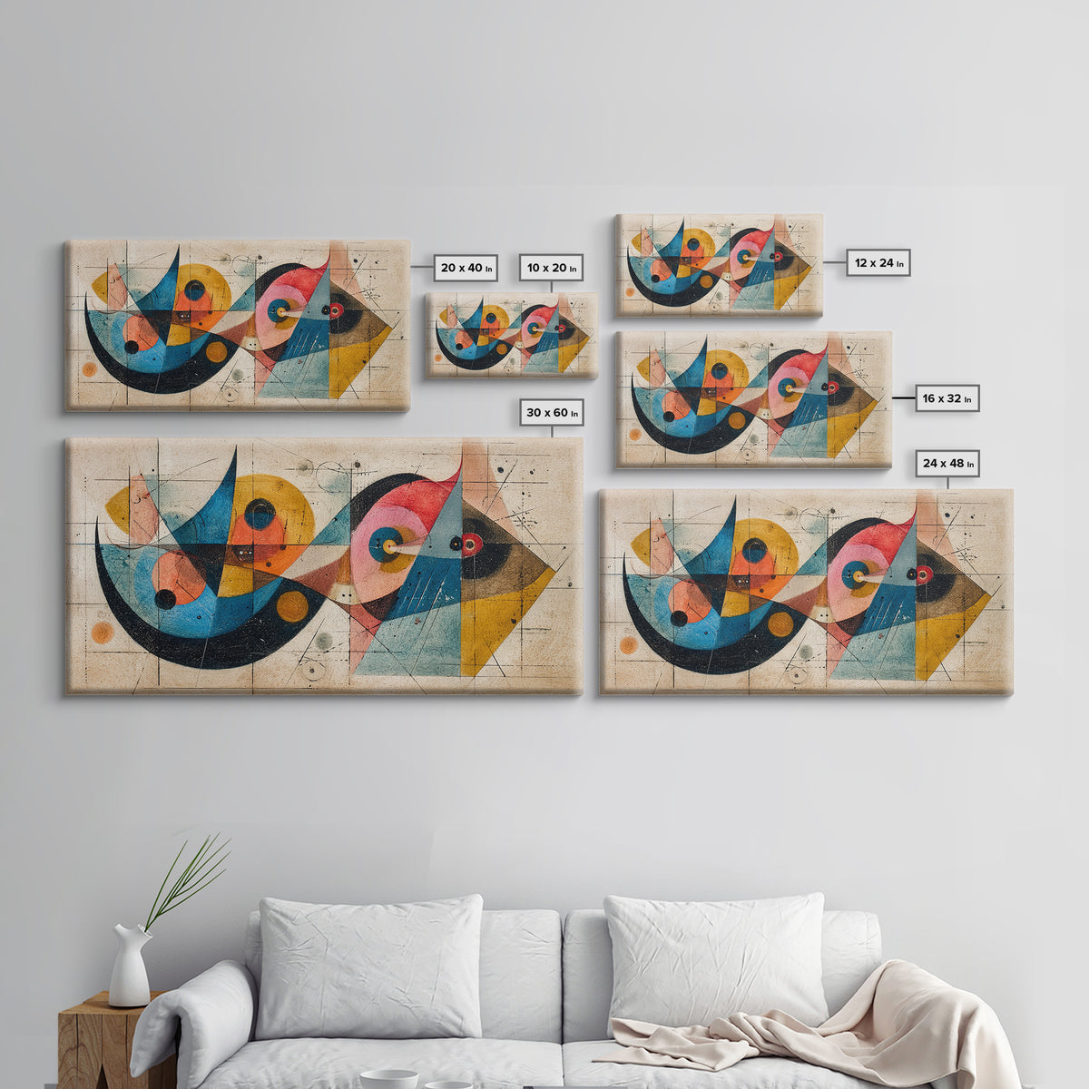Abstract Bauhaus Fish Shapes In Teal Yellow Pink Wall Art, Midcentury Modern Canvas Print, Geometric Retro Decor, MCM Poster