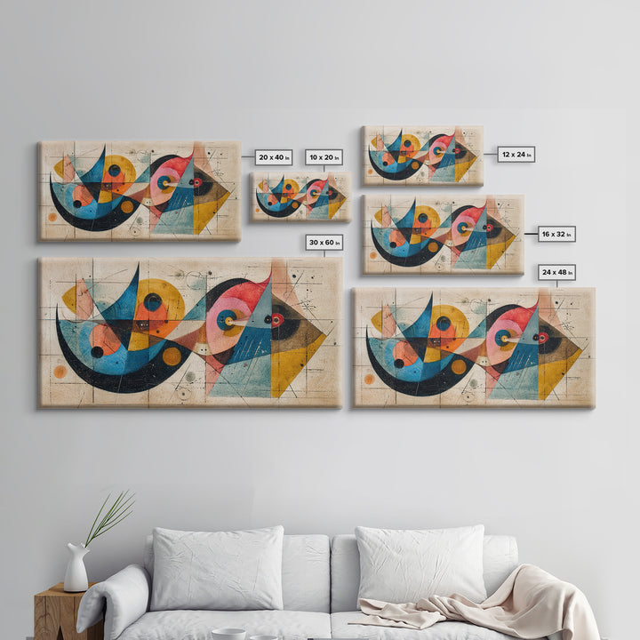 Abstract Bauhaus Fish Shapes In Teal Yellow Pink Wall Art, Midcentury Modern Canvas Print, Geometric Retro Decor, MCM Poster