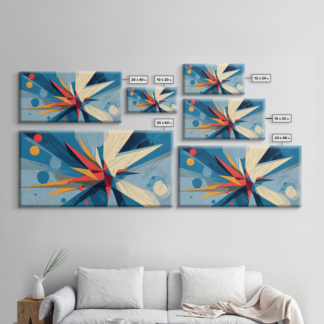 Blue Geometric Starburst Abstract Canvas Print, Midcentury Modern Wall Art, Bauhaus Poster, Bold Colorblock Home Decor Gift