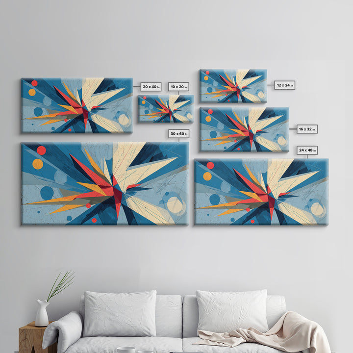 Blue Geometric Starburst Abstract Canvas Print, Midcentury Modern Wall Art, Bauhaus Poster, Bold Colorblock Home Decor Gift