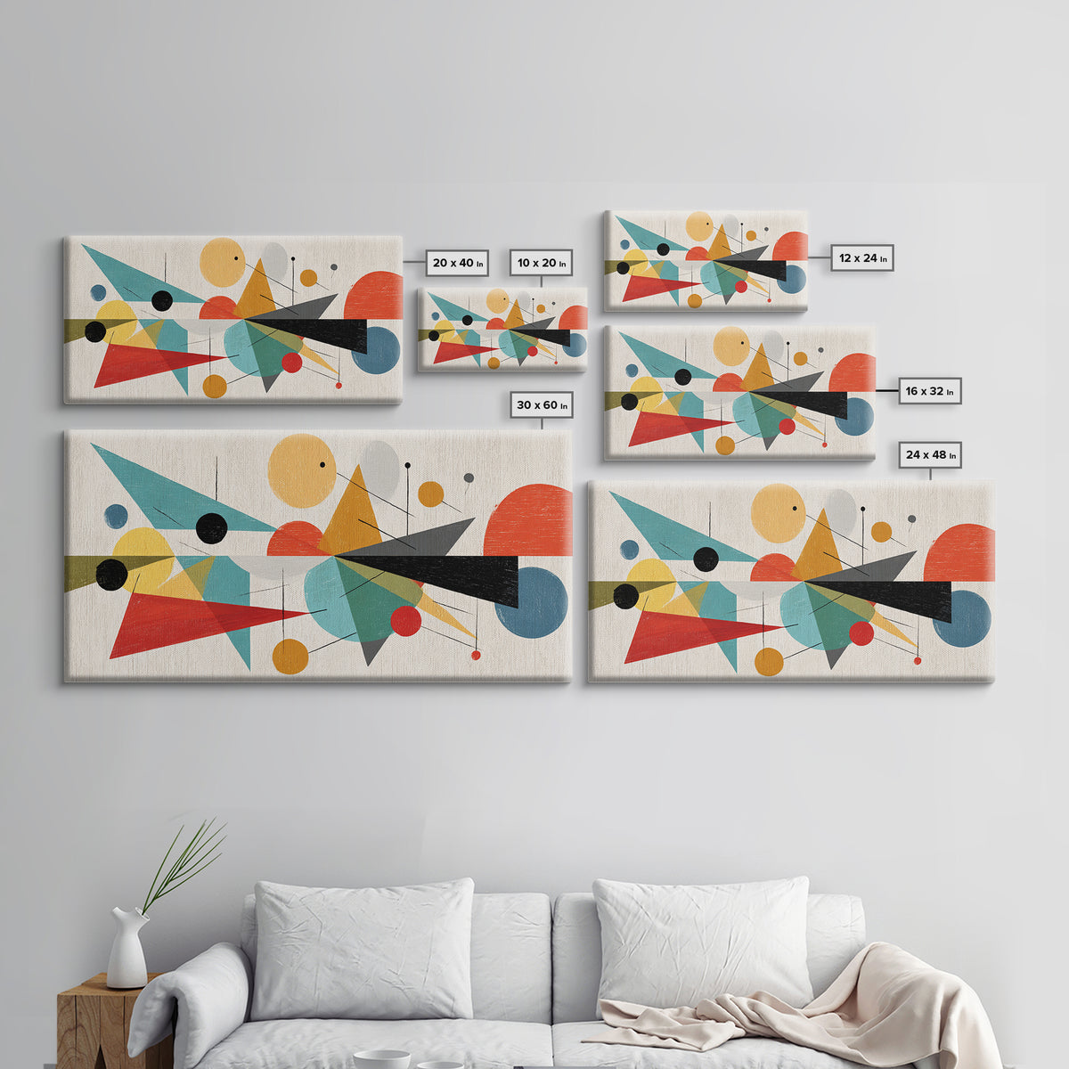 Playful Circles And Triangles Framed Canvas Print, Midcentury Modern Art, Colorful Geometric Wall Decor, Abstract Poster