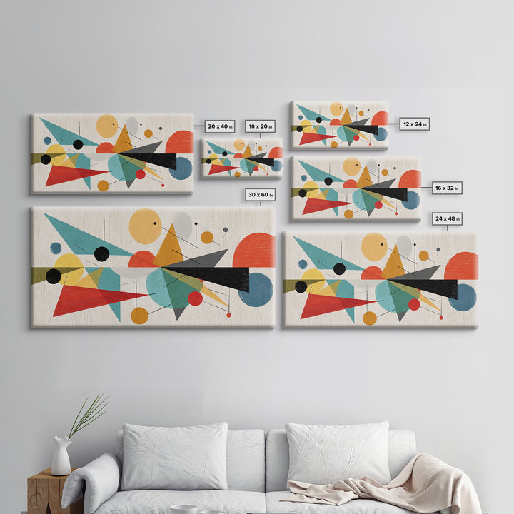 Playful Circles And Triangles Framed Canvas Print, Midcentury Modern Art, Colorful Geometric Wall Decor, Abstract Poster