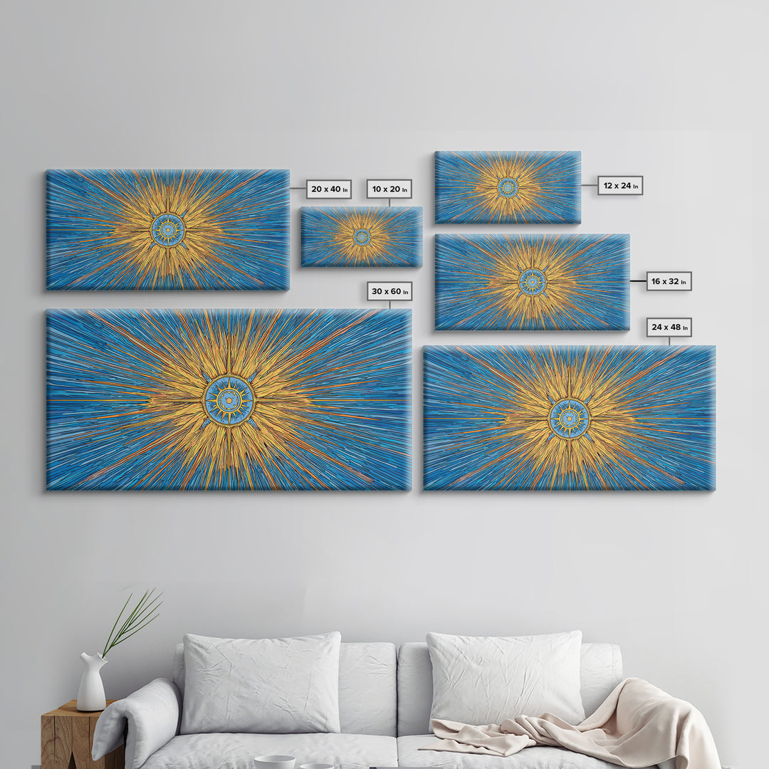 Blue Gold Solar Compass Canvas Print, Mid Century Modern Wall Decor, Atomic Sunburst Poster, Celestial Abstract Art, Office Decor