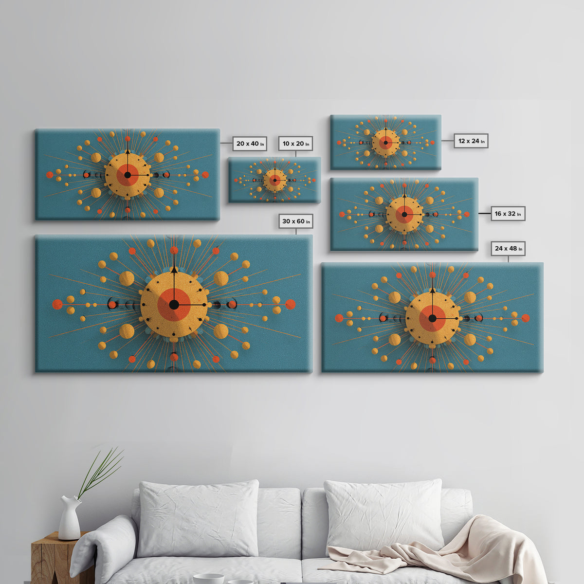 Teal Gold Atomic Clock Framed Canvas Print, Mid Century Modern Wall Art, Retro Space Age Poster, MCM Geometric Office Decor