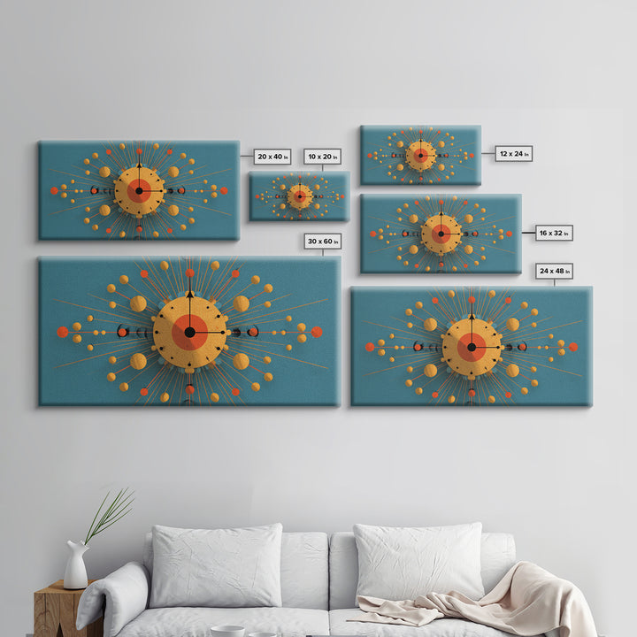 Teal Gold Atomic Clock Framed Canvas Print, Mid Century Modern Wall Art, Retro Space Age Poster, MCM Geometric Office Decor