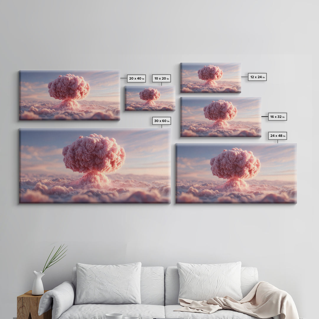 Pink Mushroom Cloud Wall Art, Surreal Sky Landscape, Modern Contemporary Decor, Pastel Statement Poster, Framed Canvas Print