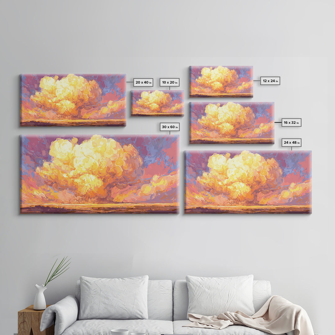 Glowing Desert Explosion Canvas Print, Retro Apocalypse Wall Art, Colorful Modern Art Poster, Dramatic Sunset Living Room Decor