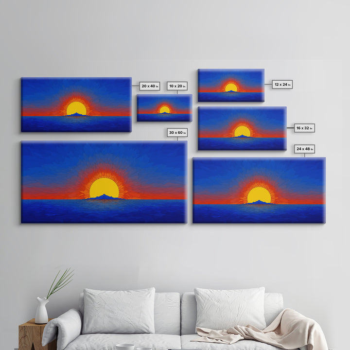 Geometric Ocean Sunset Wall Art, Mid Century Modern Landscape, Retro Sun Poster, Blue Orange Canvas Print For Coastal Decor