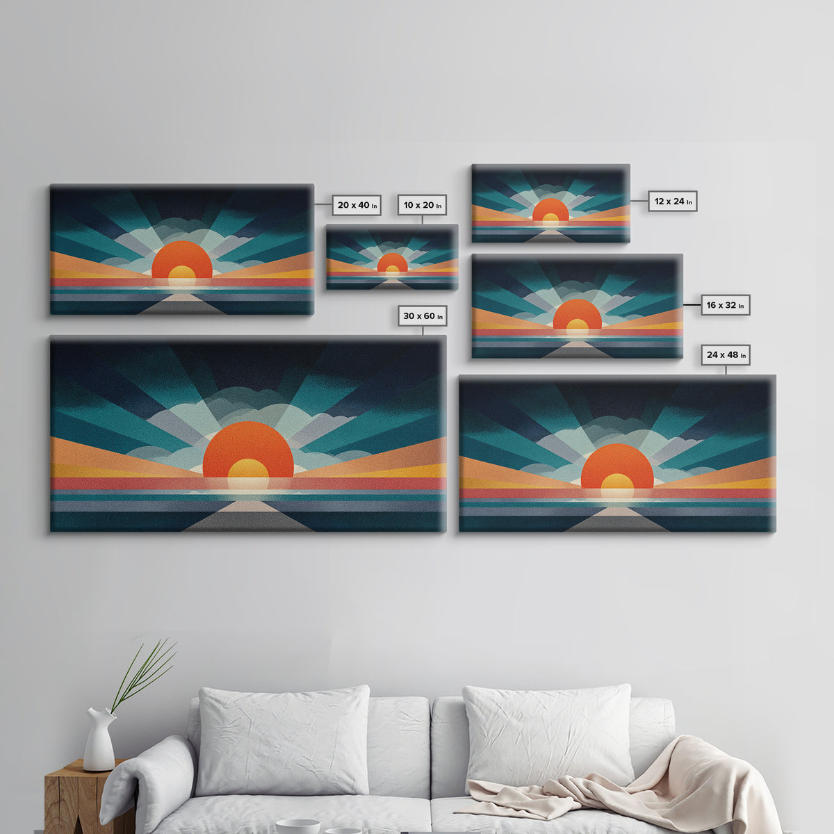 Retro Radiant Sunrise Wall Art, Mid Century Modern Geometric Poster, Abstract Desert Sun Canvas Print, Colorful Home Decor