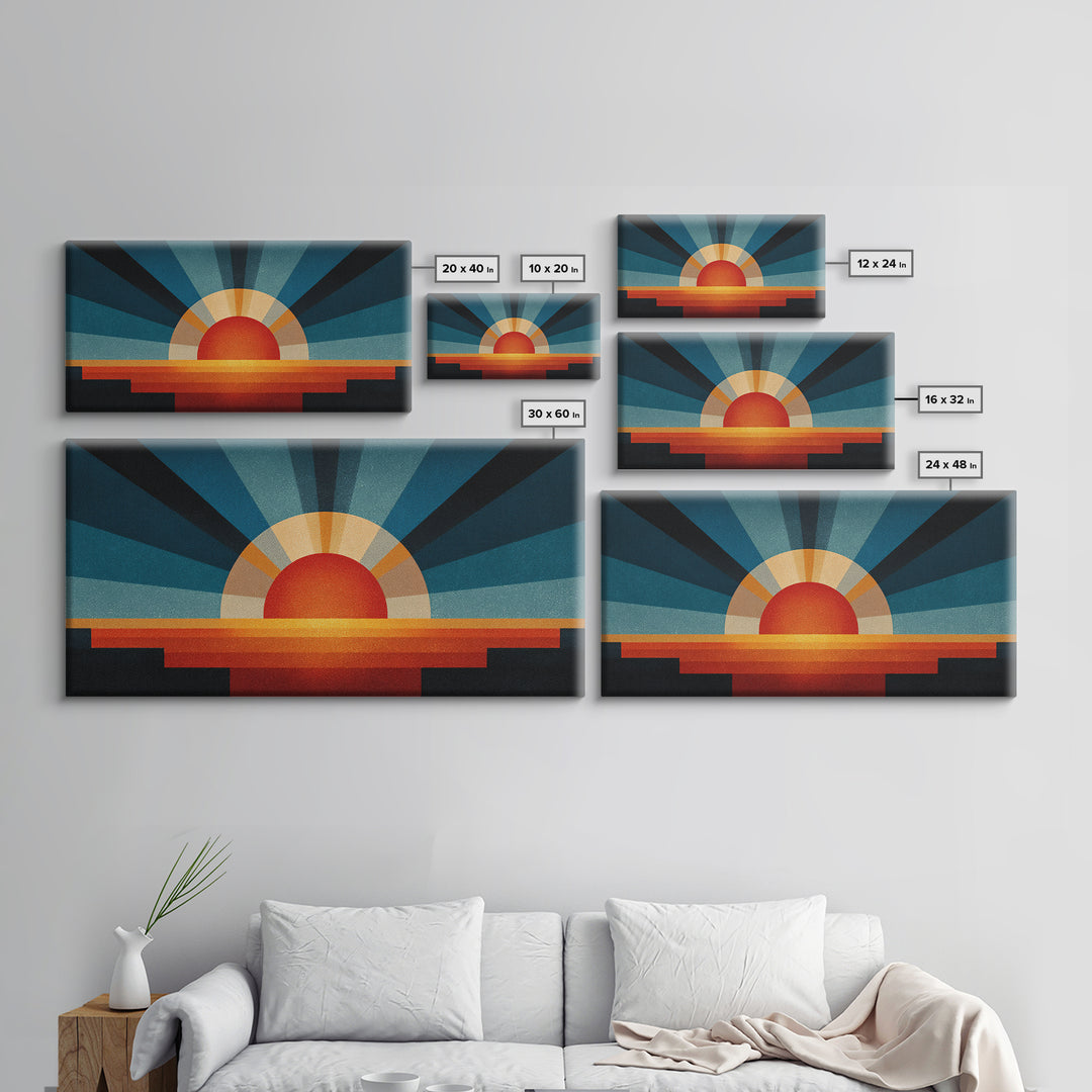 Textured Sun Rising Over Horizon Canvas Print, Mid Century Modern Abstract, Retro Wall Decor, Orange Blue Living Room Art