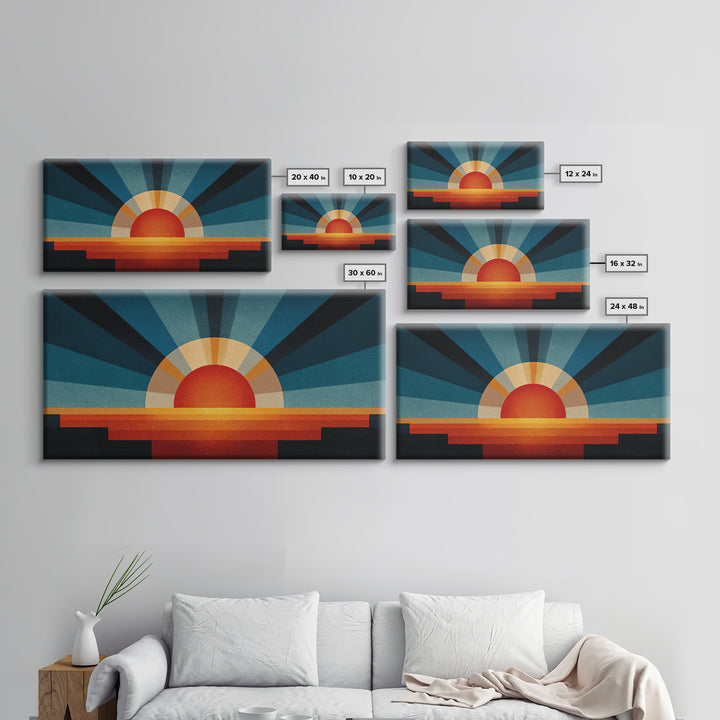 Textured Sun Rising Over Horizon Canvas Print, Mid Century Modern Abstract, Retro Wall Decor, Orange Blue Living Room Art