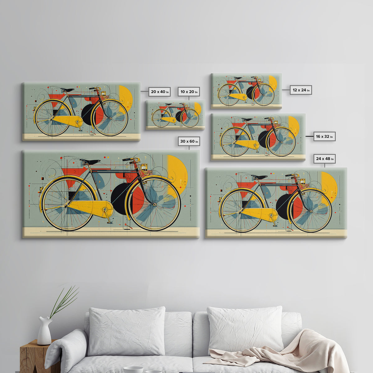 Classic City Bicycle With Abstract Circles Framed Canvas Print, Mid Century Modern Wall Art, Retro Bike Poster, Studio Decor