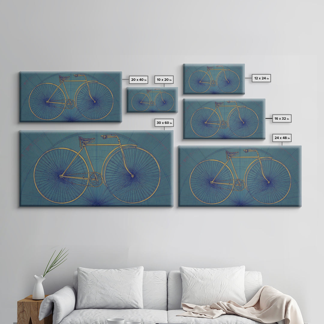 Technical Line Drawing Bicycle On Blue Framed Canvas Print, Mid Century Modern Art, Retro Cycling Poster, Home Office Decor