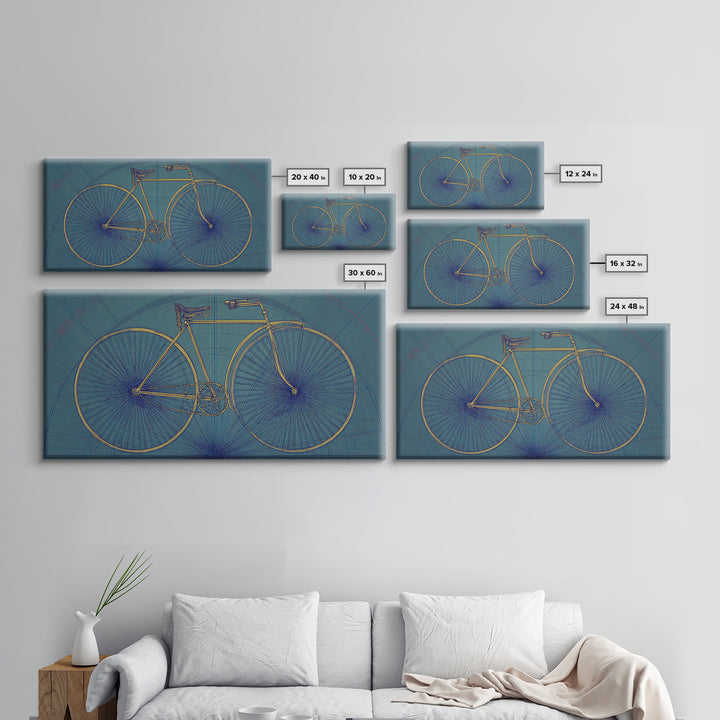 Technical Line Drawing Bicycle On Blue Framed Canvas Print, Mid Century Modern Art, Retro Cycling Poster, Home Office Decor
