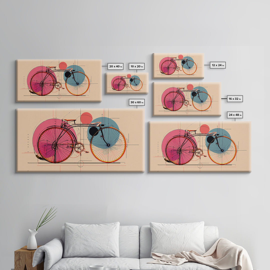 Retro Bicycle With Pink Blue Circles Canvas Print, Mid Century Modern Wall Art, Geometric Poster, Colorful Apartment Decor