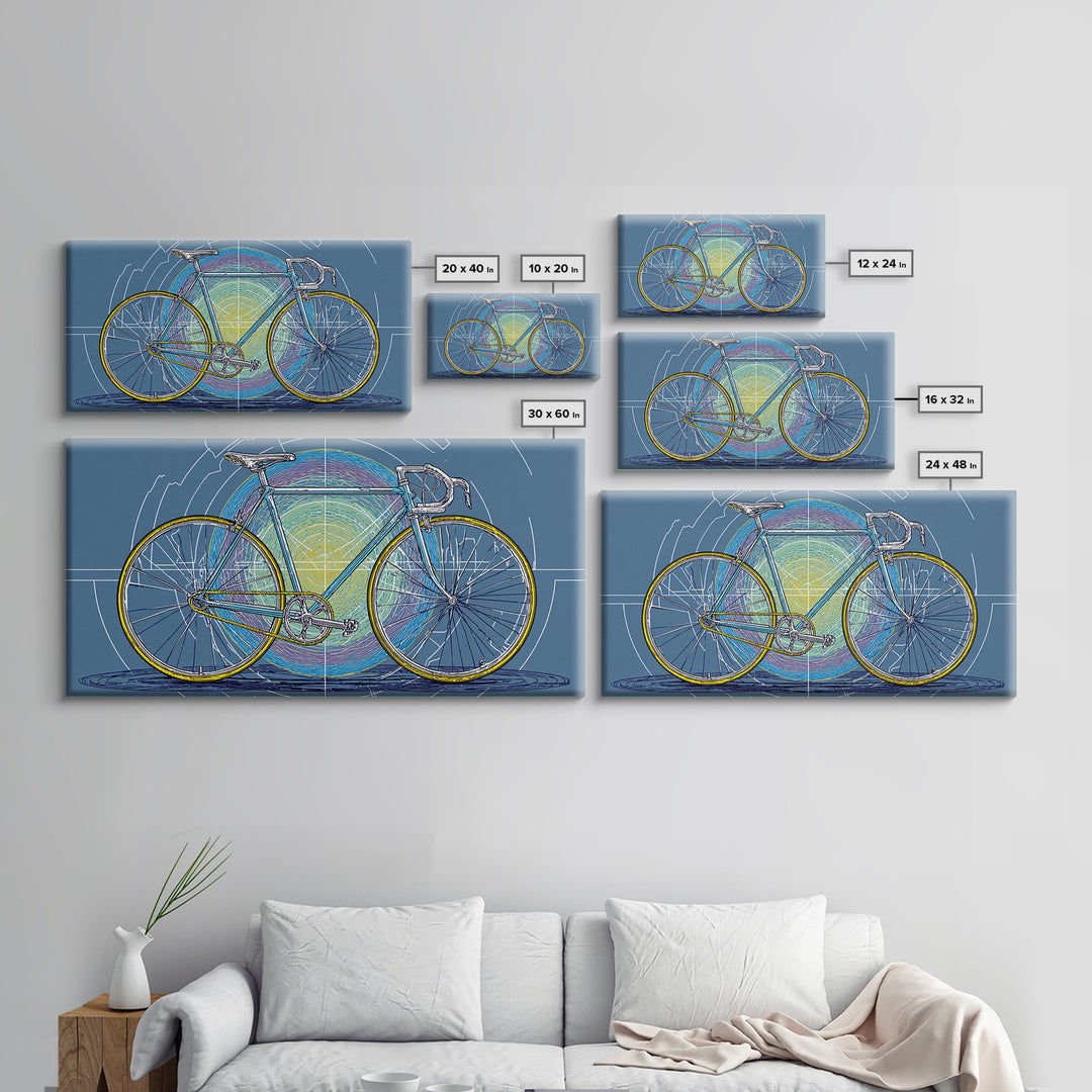 Touring Bicycle With Rainbow Circle Framed Canvas Print, Mid Century Modern Wall Art, Retro Cycling Poster, Blue Office Decor