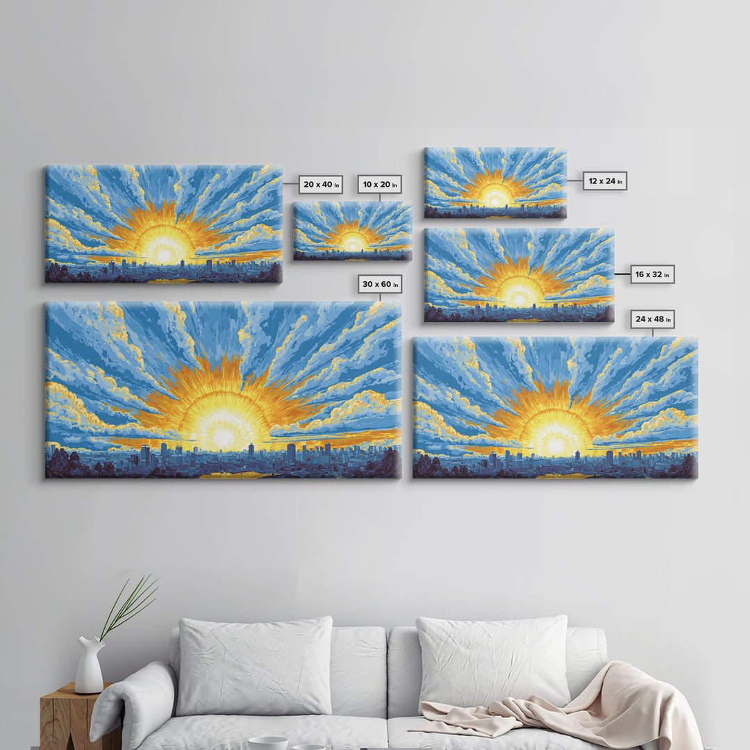 Golden Sunrise City Skyline Wall Art, Blue Sky Urban Landscape Canvas Print, Modern Home Decor, Statement Living Room Art