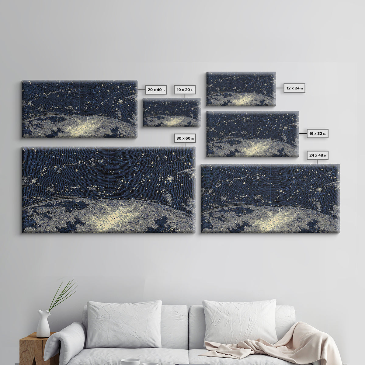 Starry Night Sky Over Abstract Lake Wall Art, Modern Landscape Print, Blue Scenic Poster, Celestial Home Office Decor Gift