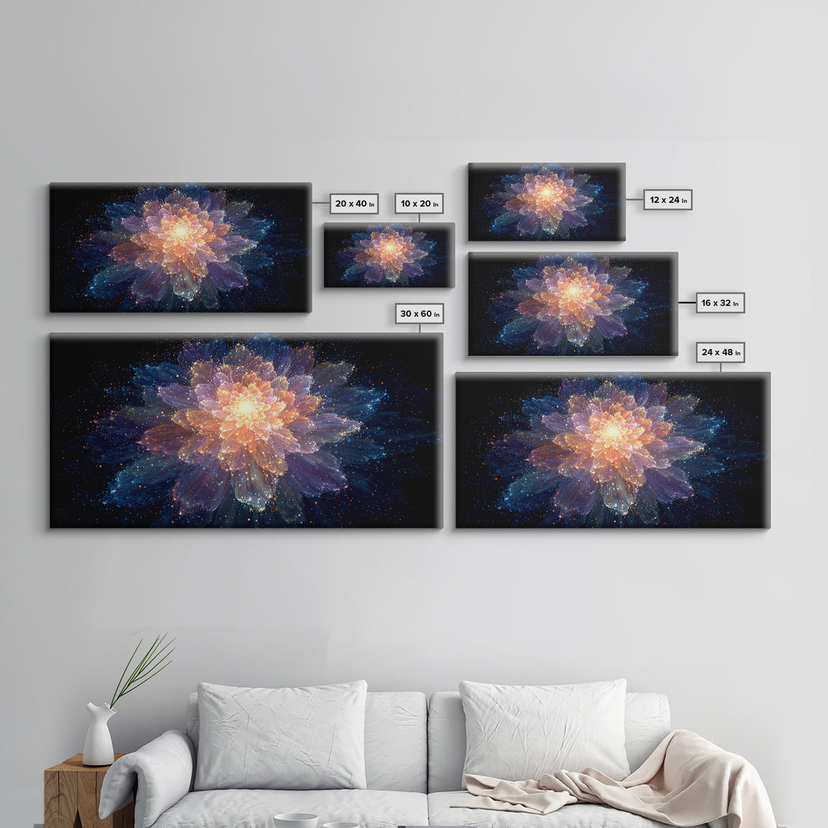 Glowing Cosmic Flower Canvas Print, Blue Orange Abstract Bloom, Spiritual Space Artwork, Modern Wall Art For Bedroom Decor