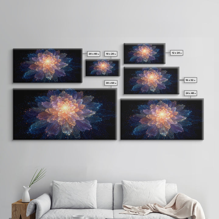 Glowing Cosmic Flower Canvas Print, Blue Orange Abstract Bloom, Spiritual Space Artwork, Modern Wall Art For Bedroom Decor