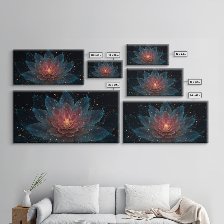 Teal Pink Lotus Canvas Print, Glowing Floral Mandala, Spiritual Abstract Art, Modern Wall Art, Yoga Decor For Meditation Room