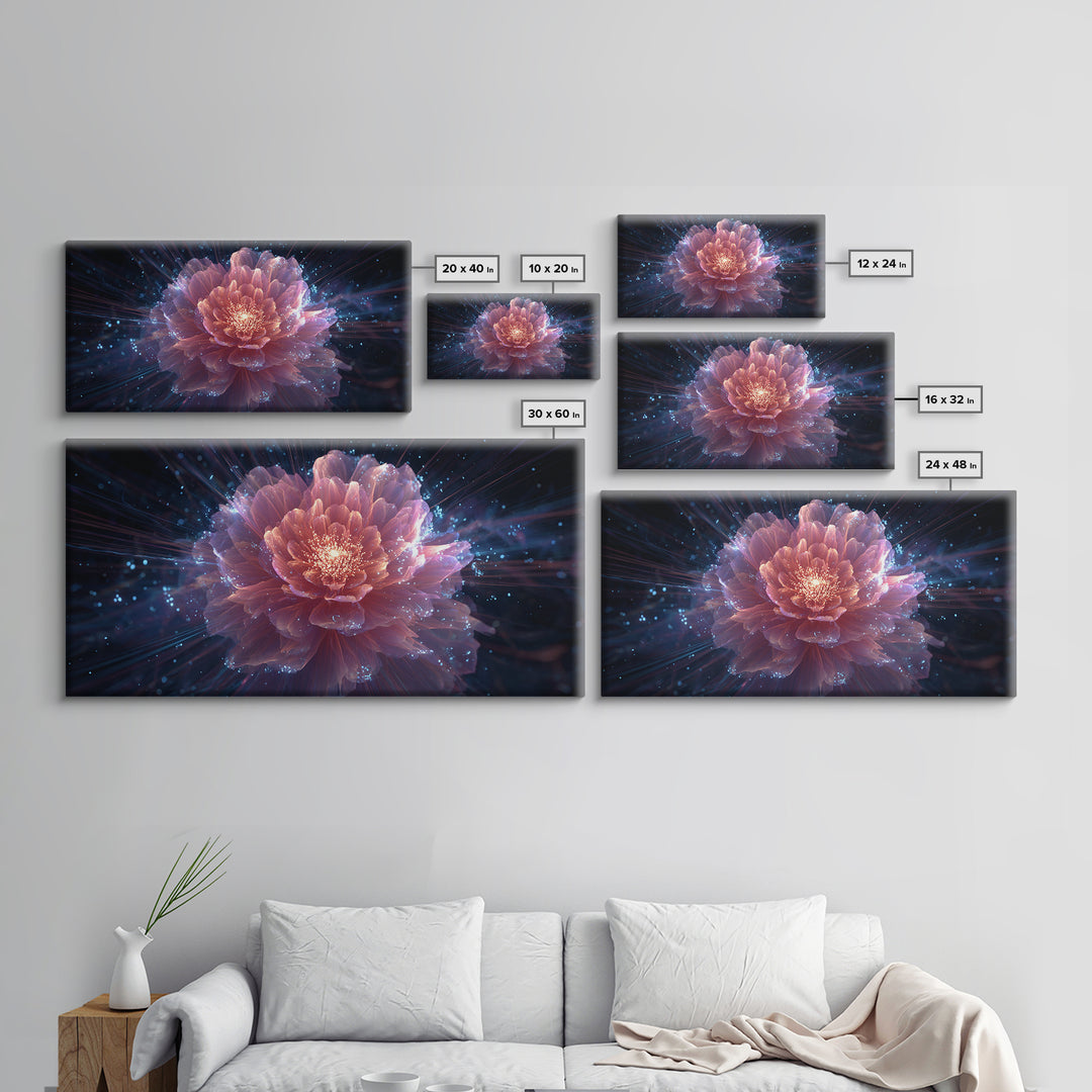 Radiant Pink Peony Canvas Print, Cosmic Floral Bloom, Blue Sparkle Abstract Art, Modern Wall Art For Bedroom And Living Room