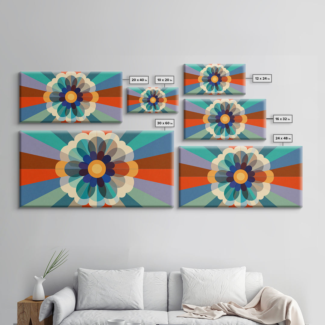 Retro Geometric Flower Wall Art, Colorful Mid Century Modern Radial Bloom, Bauhaus Poster, Bold Abstract Home Decor Print