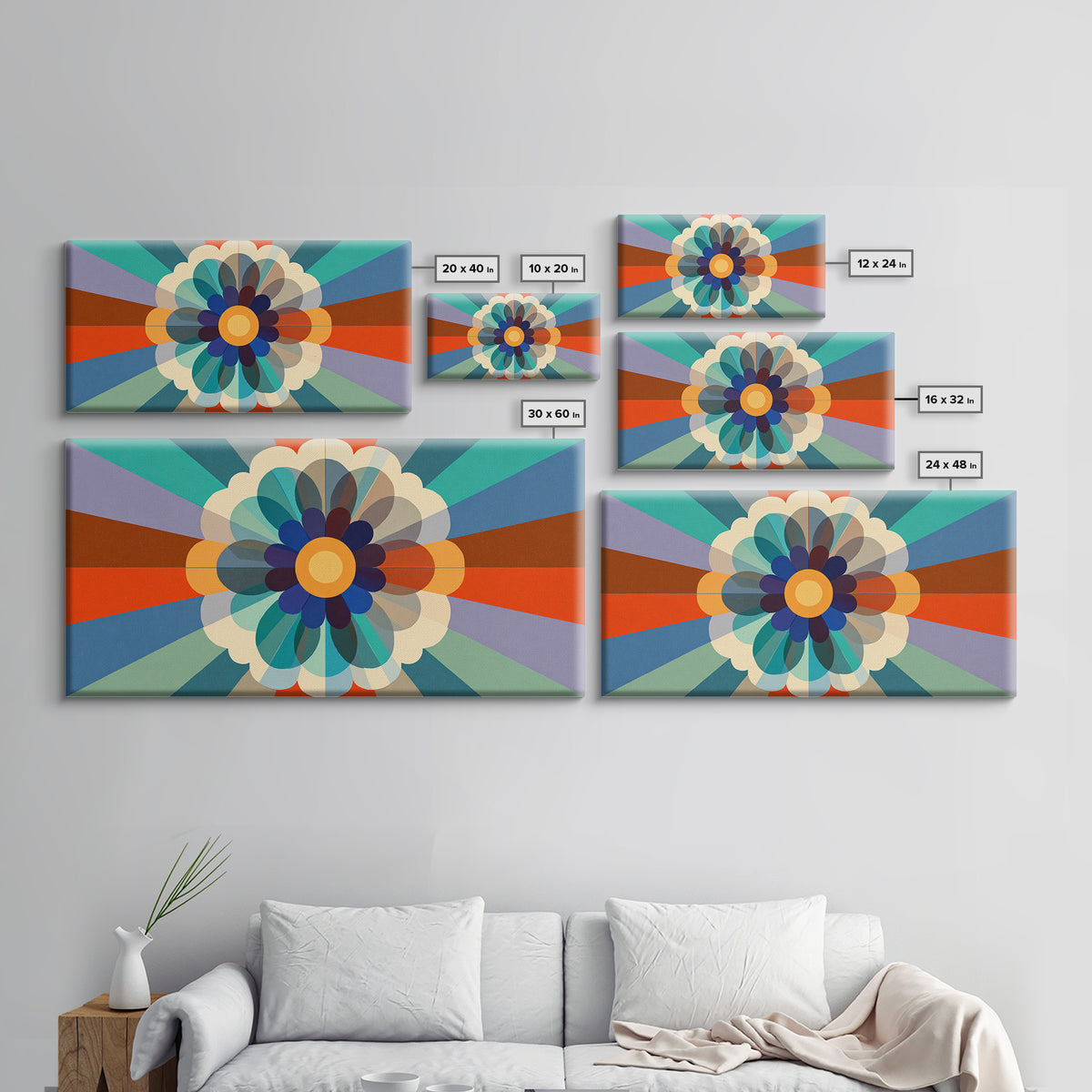 Retro Geometric Flower Wall Art, Colorful Mid Century Modern Radial Bloom, Bauhaus Poster, Bold Abstract Home Decor Print