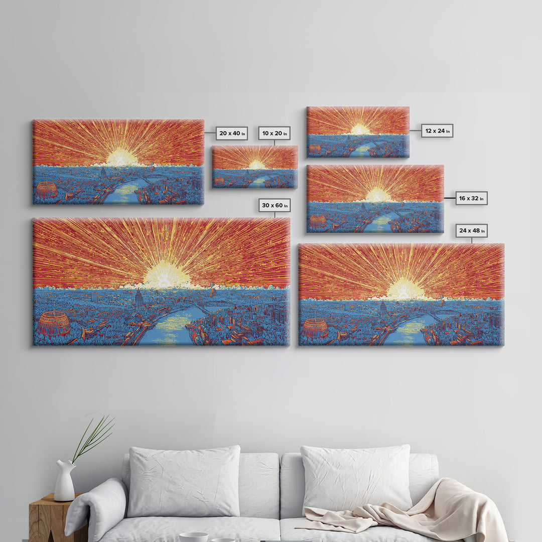 Orange Harbor Sunset Cityscape Wall Art, Blue Water Skyline Print, Retro Travel Poster, Modern Office Decor Canvas Print