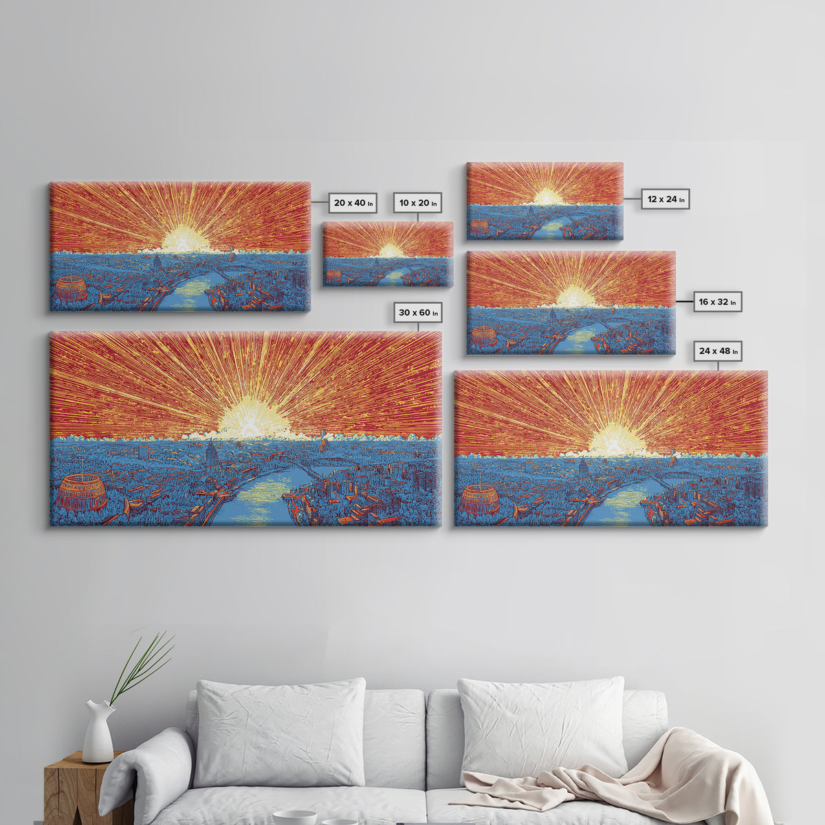 Orange Harbor Sunset Cityscape Wall Art, Blue Water Skyline Print, Retro Travel Poster, Modern Office Decor Canvas Print
