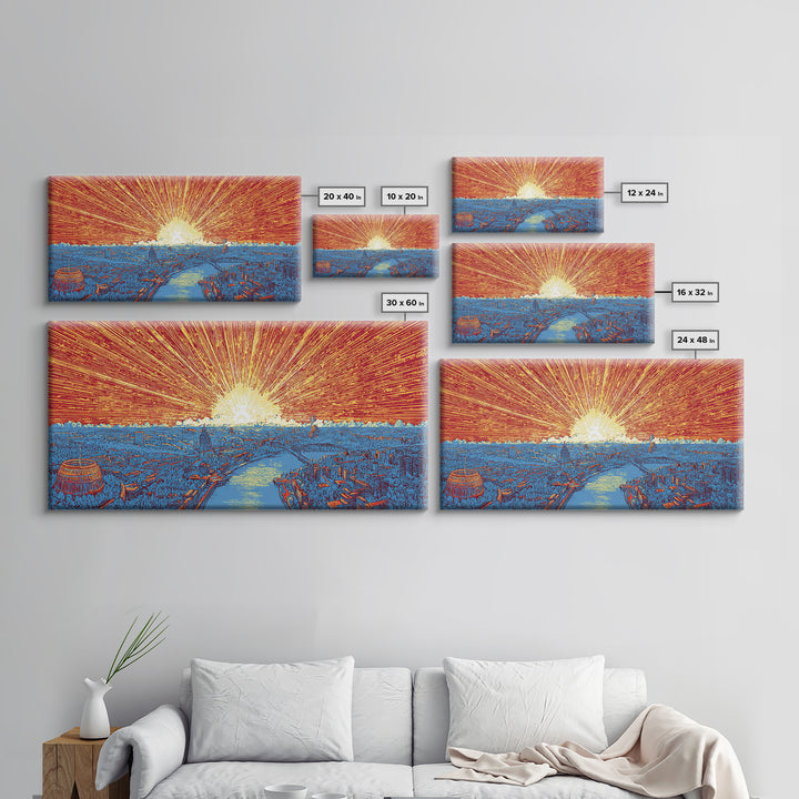 Orange Harbor Sunset Cityscape Wall Art, Blue Water Skyline Print, Retro Travel Poster, Modern Office Decor Canvas Print