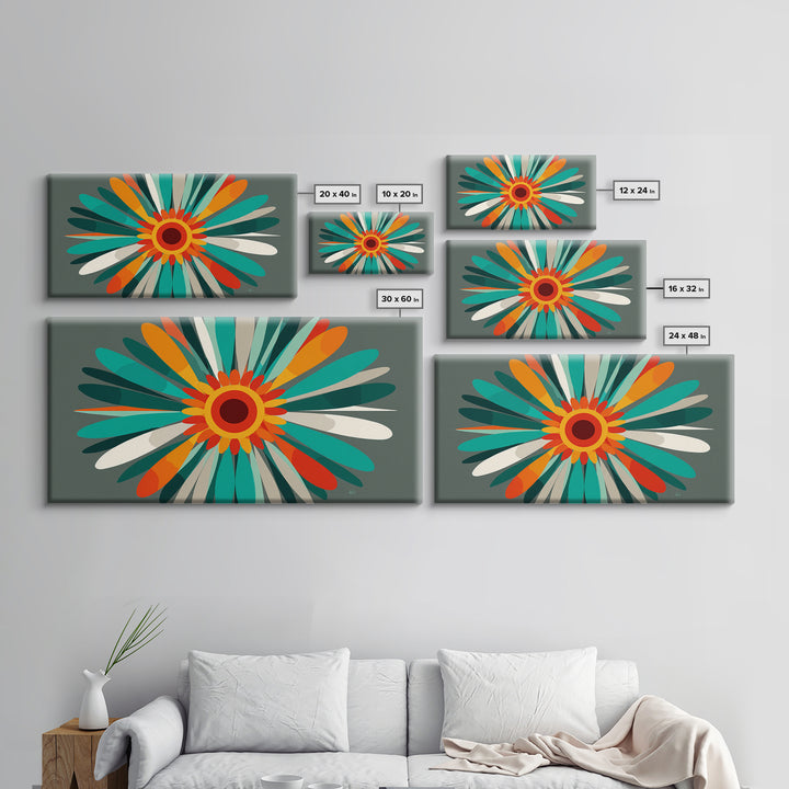 Teal Orange Atomic Flower Wall Art, Mid Century Modern Abstract Burst, Retro Geometric Poster, MCM Home Decor Canvas Print