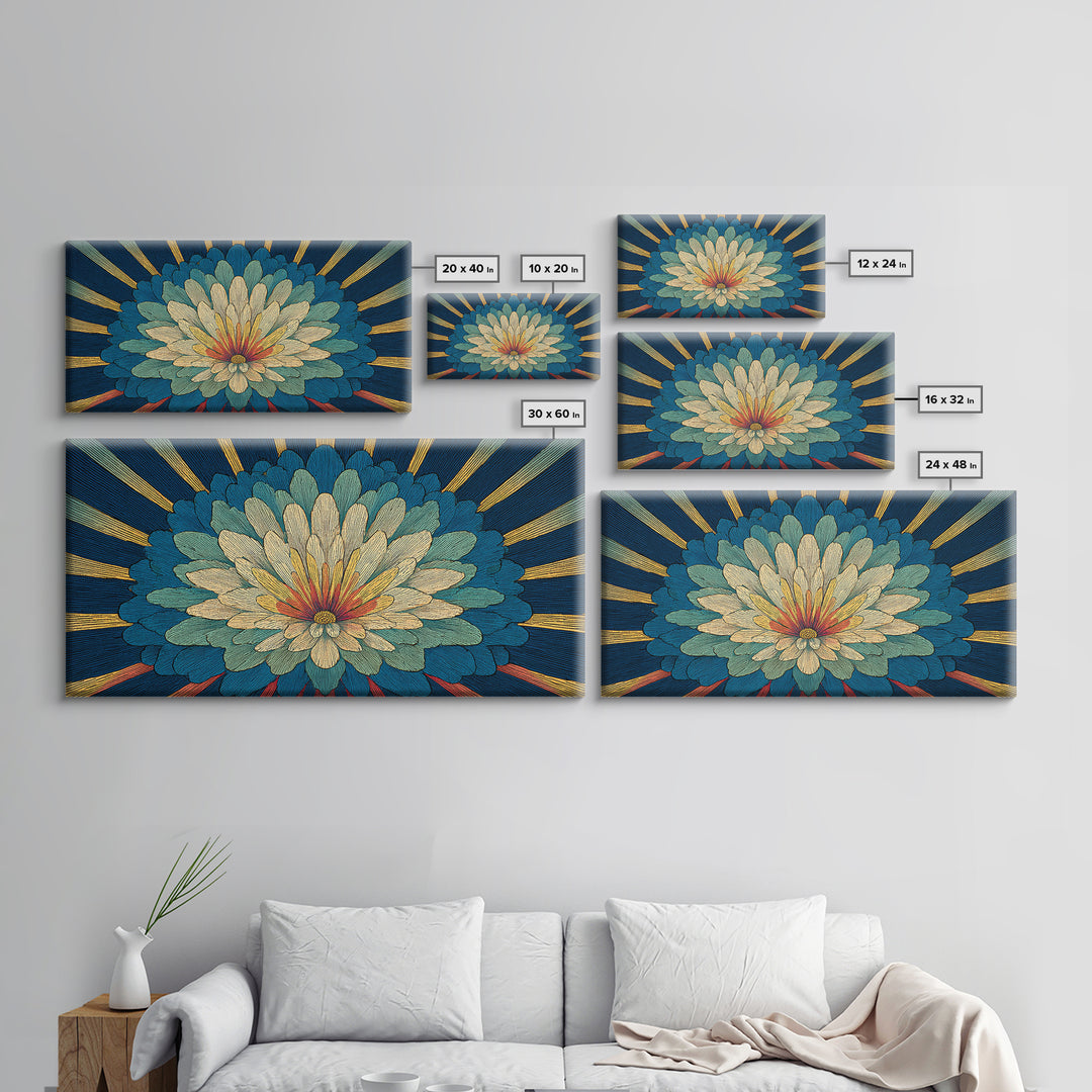 Teal Cream Radiant Flower Wall Art, Midcentury Modern Art Print, Art Deco Floral Decor, Retro Botanical Living Room Decor
