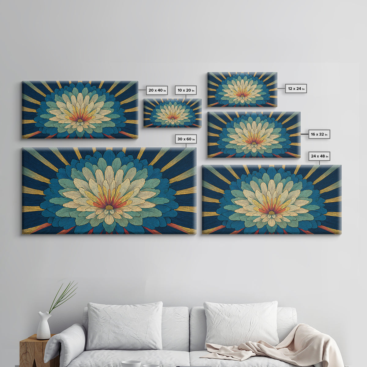 Teal Cream Radiant Flower Wall Art, Midcentury Modern Art Print, Art Deco Floral Decor, Retro Botanical Living Room Decor