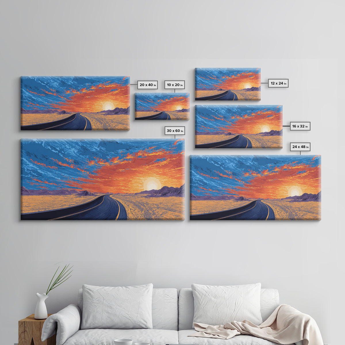 Sunset Highway Desert Wall Art, Midcentury Modern Landscape Print, Retro Travel Poster, Orange Blue Living Room Decor For Home