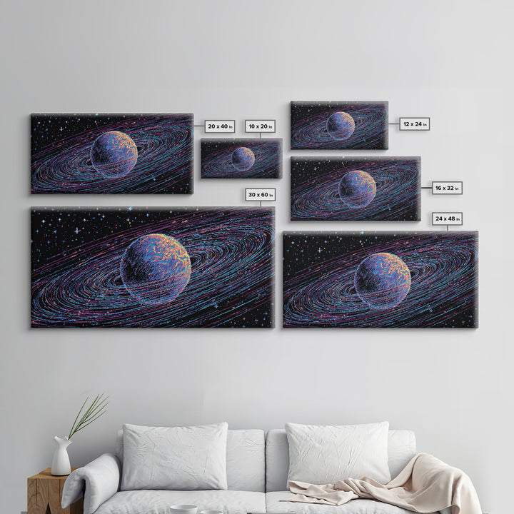 Ringed Planet Space Wall Art, Retro Sci Fi Canvas Print, Cosmic Abstract Art, Modern Digital Art Poster For Bedroom Decor
