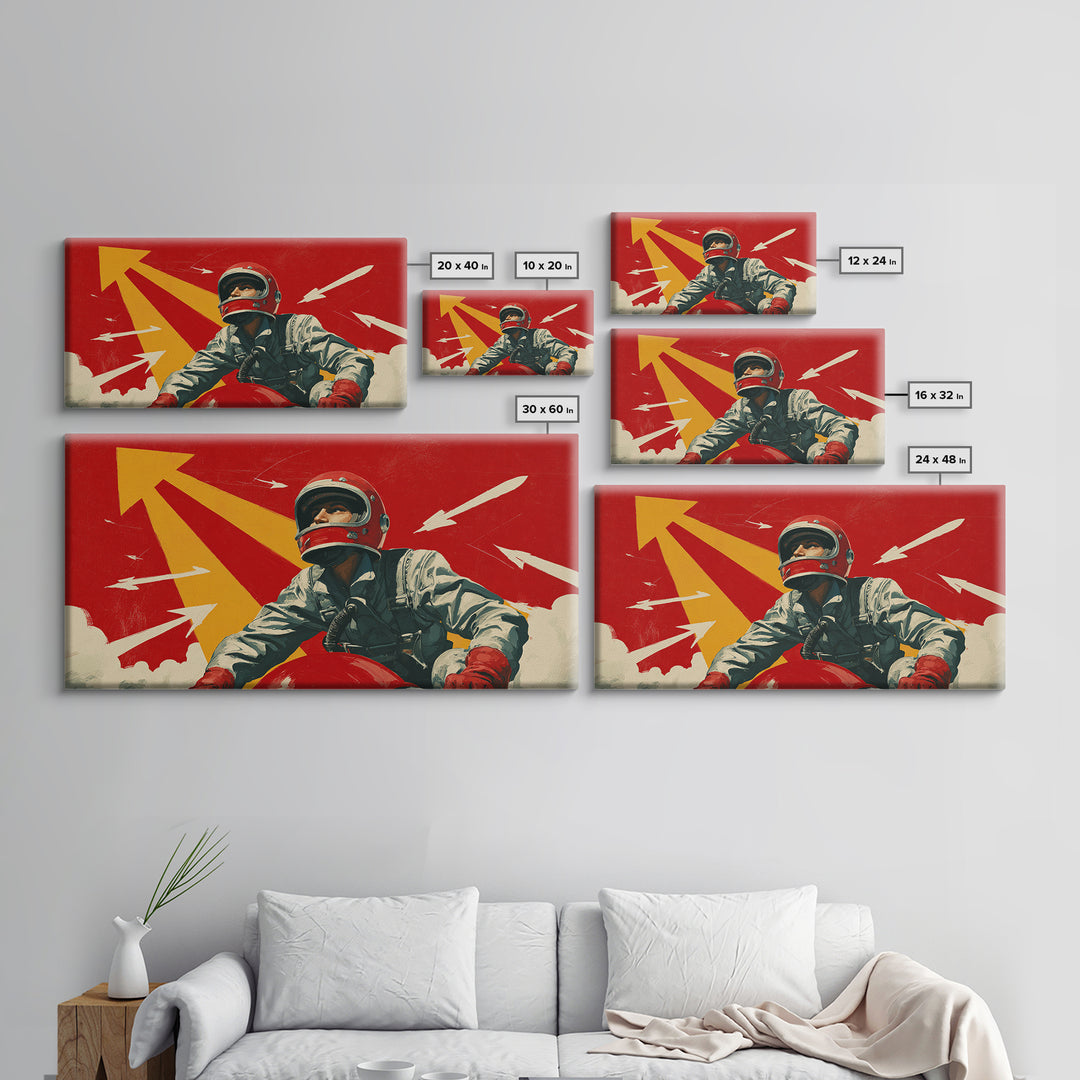 Retro Space Racer Canvas Print, Helmeted Pilot With Arrows Poster, Midcentury Modern Wall Decor, Bold Red Adventure Art Print