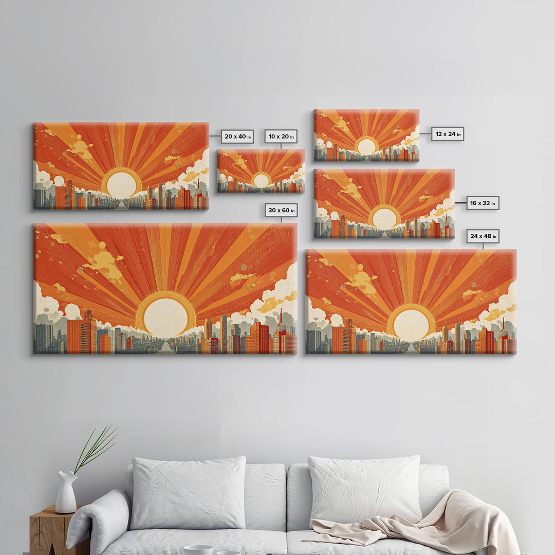 Giant Orange Sun Over City Wall Art, Midcentury Modern Skyline Print, Retro Urban Poster, Warm Home Office Decor Canvas Print