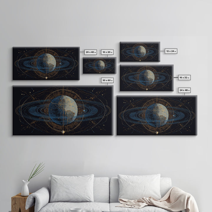 Celestial Planet Orbit Framed Canvas Print, Midcentury Modern Wall Art, Space Abstract Poster, Cosmic Retro Home Office Decor