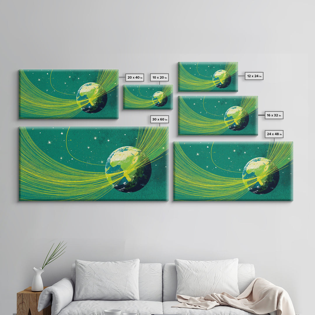 Green Earth Orbit Lines Canvas Print, Retro Space Abstract Wall Decor, Mid Century Modern Art, Cosmic Planet Living Room Decor