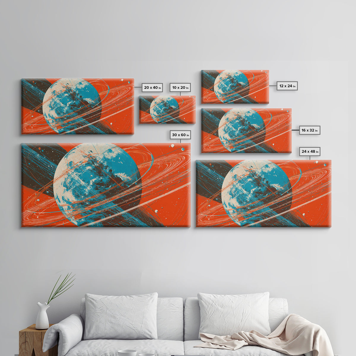 Orange Ringed Planet Canvas Print, Bold Retro Space Wall Art, Mid Century Modern Abstract Poster, Teal Blue Sci Fi Decor