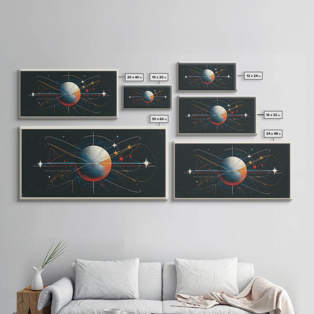 Atomic Orbit Sphere Wall Art, Mid Century Modern Abstract Space Poster, Geometric Planet Lines, Retro MCM Living Room Decor