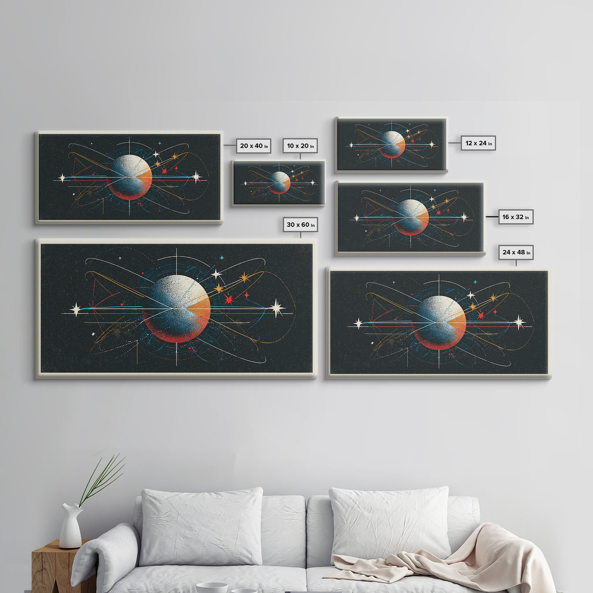 Atomic Orbit Sphere Wall Art, Mid Century Modern Abstract Space Poster, Geometric Planet Lines, Retro MCM Living Room Decor