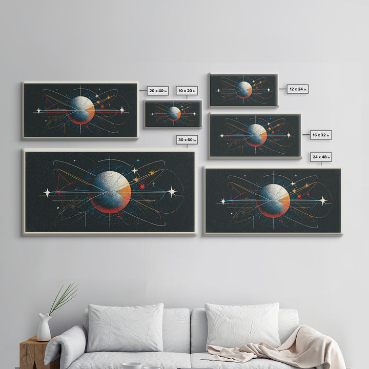 Atomic Orbit Sphere Wall Art, Mid Century Modern Abstract Space Poster, Geometric Planet Lines, Retro MCM Living Room Decor