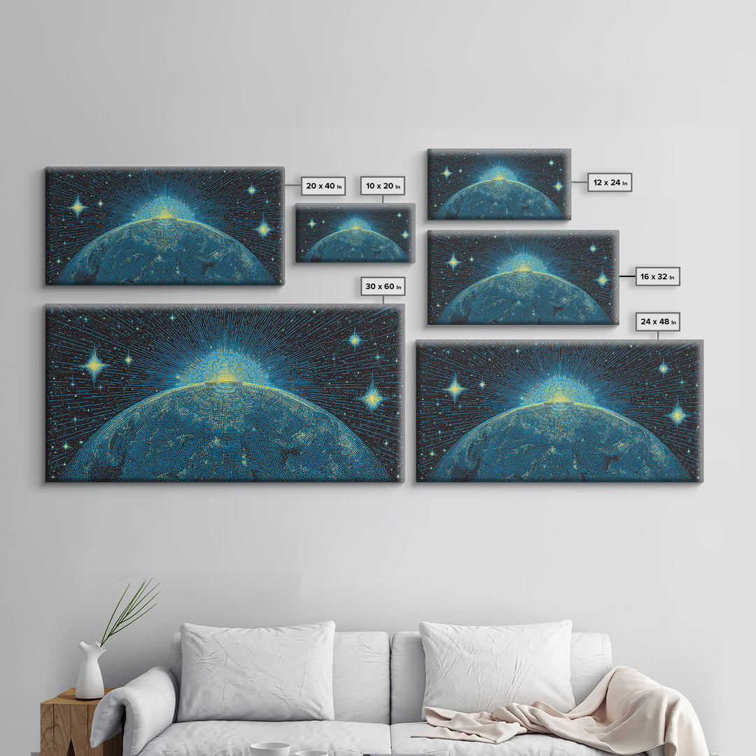 Blue Planet Horizon Canvas Print, Starburst Space Wall Art, Mid Century Modern Abstract Decor, Cosmic Sunrise Statement Poster