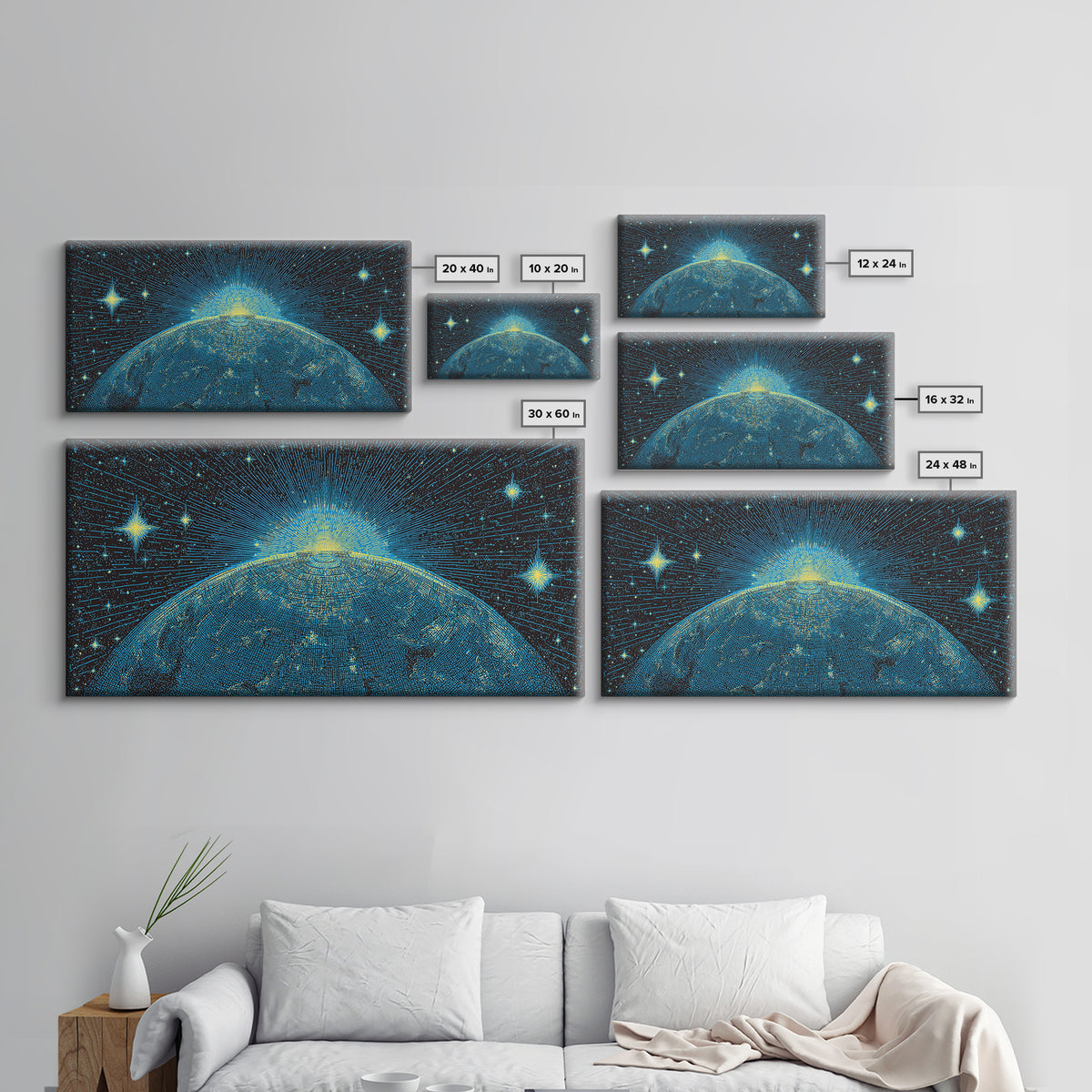 Blue Planet Horizon Canvas Print, Starburst Space Wall Art, Mid Century Modern Abstract Decor, Cosmic Sunrise Statement Poster