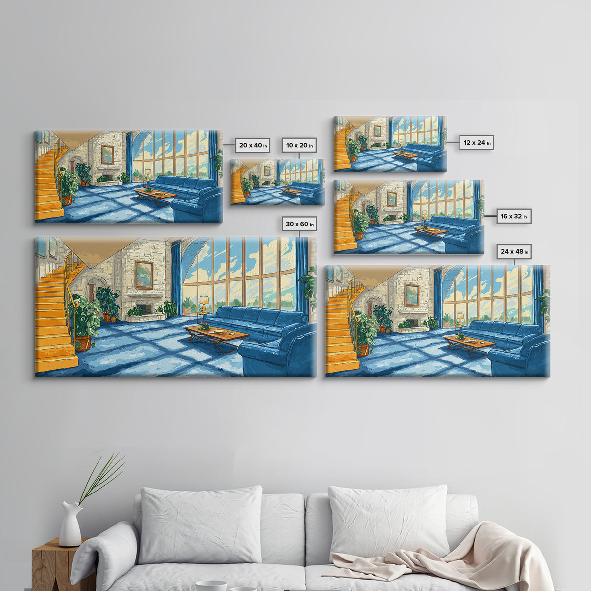 Sunlit Blue Sofa Loft Framed Canvas Print, Modern Wall Art, Airy Living Room Decor, Architectural Interior Poster, Home Office