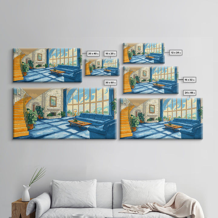 Sunlit Blue Sofa Loft Framed Canvas Print, Modern Wall Art, Airy Living Room Decor, Architectural Interior Poster, Home Office
