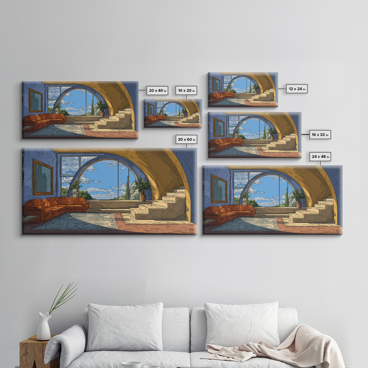 Arched Sea View Living Room Canvas Print, Mediterranean Modern Wall Art, Orange Sofa Coastal Decor, Scenic Interior Poster