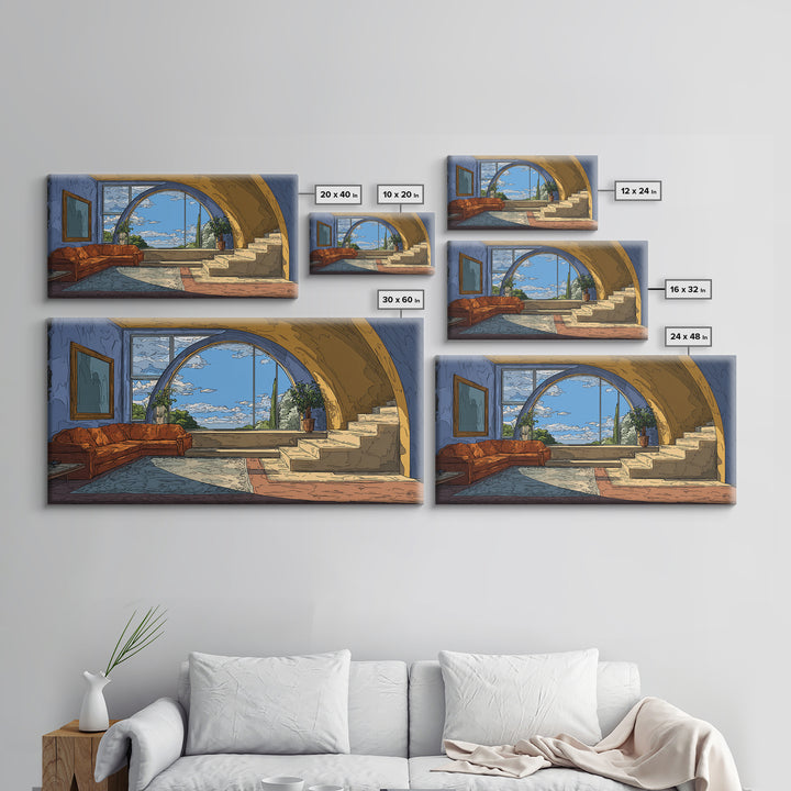 Arched Sea View Living Room Canvas Print, Mediterranean Modern Wall Art, Orange Sofa Coastal Decor, Scenic Interior Poster